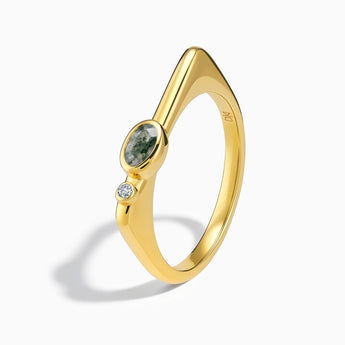 18KT Yellow Gold Vermeil Oval Moss Agate Puzzle Stacking Ring - Minimal Form Side View
