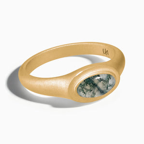 18KT Yellow Gold Vermeil Oval Moss Agate Sandblasted Ring - The Horizon Front View