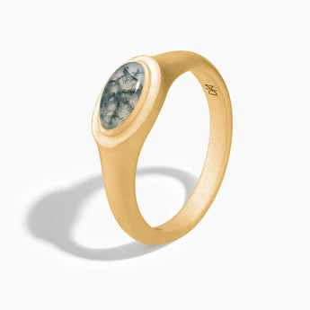 18KT Yellow Gold Vermeil Oval Moss Agate Sandblasted Ring - The Horizon Side View