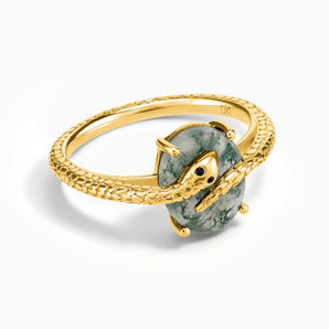 18KT Yellow Gold Vermeil Oval Moss Agate Wrap Serpent Ring - Coiled Sanctum Front View