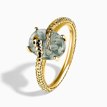 18KT Yellow Gold Vermeil Oval Moss Agate Wrap Serpent Ring - Coiled Sanctum Side View