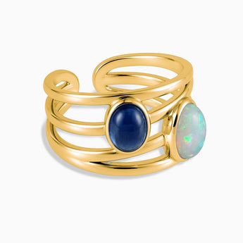 18KT Yellow Gold Vermeil Oval Opal & Blue Sapphire Ring - Echo of Balance Front View