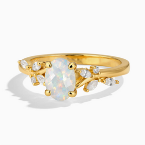 18KT Yellow Gold Vermeil Oval Opal Branch-Like Ring - Sylvan Charm Front View