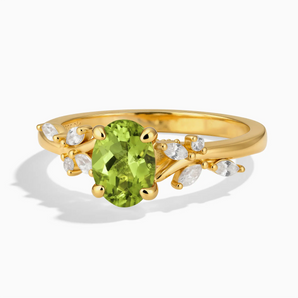 18KT Yellow Gold Vermeil Oval Peridot Branch-Like Ring - Sylvan Charm Front View