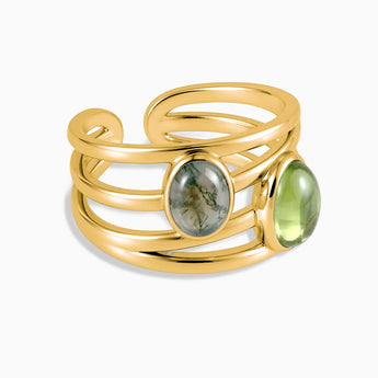 18KT Yellow Gold Vermeil Oval Peridot & Moss Agate Ring - Echo of Balance Front View