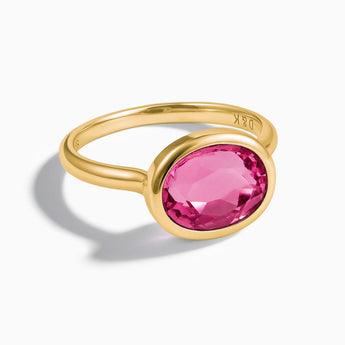 18KT Yellow Gold Vermeil Oval Pink Tourmaline Bezel Ring - Contour Front View