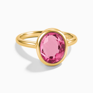 18KT Yellow Gold Vermeil Oval Pink Tourmaline Bezel Ring - Harmony Front View