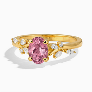 18KT Yellow Gold Vermeil Oval Pink Tourmaline Branch-Like Ring - Sylvan Charm Front View