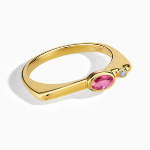 18KT Yellow Gold Vermeil Oval Pink Tourmaline Puzzle Stacking Ring - Minimal Form Front View