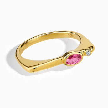 18KT Yellow Gold Vermeil Oval Pink Tourmaline Puzzle Stacking Ring - Minimal Form Front View