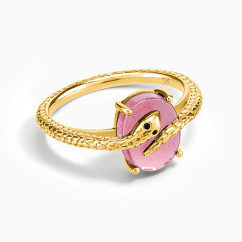 18KT Yellow Gold Vermeil Oval Pink Tourmaline Wrap Serpent Ring - Coiled Sanctum Front View