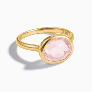 18KT Yellow Gold Vermeil Oval Rose Quartz Bezel Ring - Contour Front View