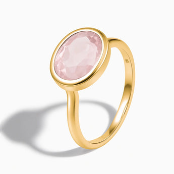 18KT Yellow Gold Vermeil Oval Rose Quartz Bezel Ring - Contour Side View