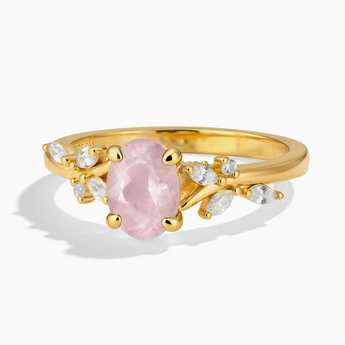 18KT Yellow Gold Vermeil Oval Rose Quartz Branch-Like Ring - Sylvan Charm Front View
