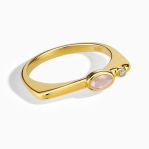 18KT Yellow Gold Vermeil Oval Rose Quartz Puzzle Stacking Ring - Minimal Form Front View