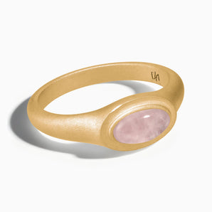 18KT Yellow Gold Vermeil Oval Rose Quartz Sandblasted Ring - The Horizon Front View