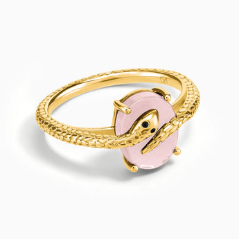 18KT Yellow Gold Vermeil Oval Rose Quartz Wrap Serpent Ring - Coiled Sanctum Front View