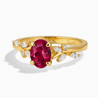 18KT Yellow Gold Vermeil Oval Ruby Branch-Like Ring - Sylvan Charm Front View