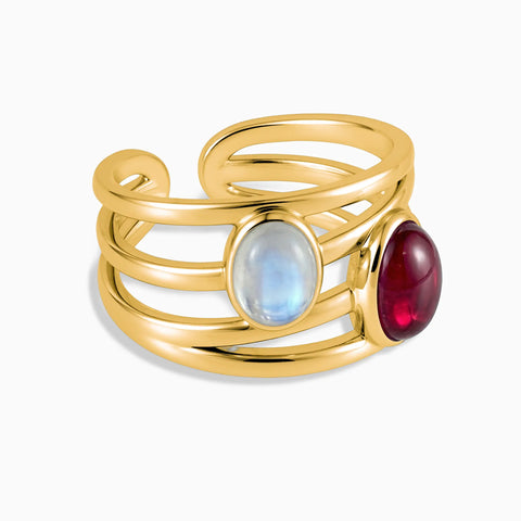 18KT Yellow Gold Vermeil Oval Ruby & Moonstone Ring - Echo of Balance Front View