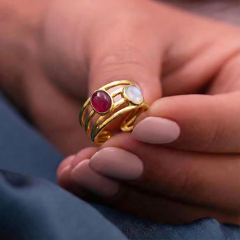 18KT Yellow Gold Vermeil Oval Ruby & Moonstone Ring - Echo of Balance Hand-Held View