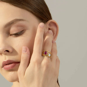 18KT Yellow Gold Vermeil Oval Ruby & Moonstone Ring - Echo of Balance Model Shot