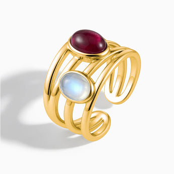 18KT Yellow Gold Vermeil Oval Ruby & Moonstone Ring - Echo of Balance Side View