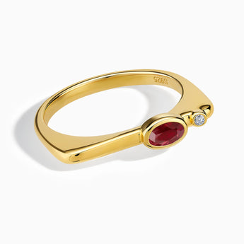 18KT Yellow Gold Vermeil Oval Ruby Puzzle Stacking Ring - Minimal Form Front View