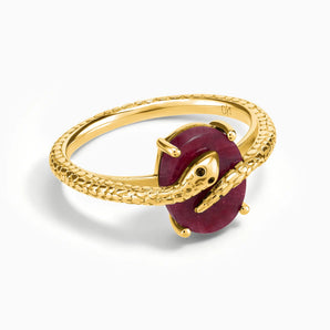 18KT Yellow Gold Vermeil Oval Ruby Wrap Serpent Ring - Coiled Sanctum Front View