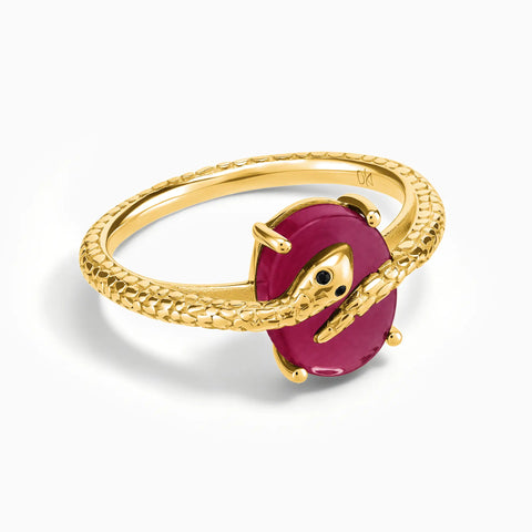 18KT Yellow Gold Vermeil Oval Ruby Wrap Serpent Ring - Coiled Sanctum Front View