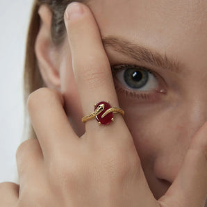 18KT Yellow Gold Vermeil Oval Ruby Wrap Serpent Ring - Coiled Sanctum Worn View