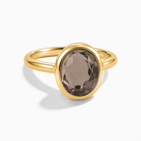 18KT Yellow Gold Vermeil Oval Smoky Quartz Bezel Ring - Harmony Front View