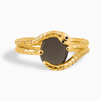 18KT Yellow Gold Vermeil Oval Smoky Quartz Coil Ring - Serpent's Embrace Front View