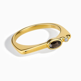 18KT Yellow Gold Vermeil Oval Smoky Quartz Puzzle Stacking Ring - Minimal Form Front View