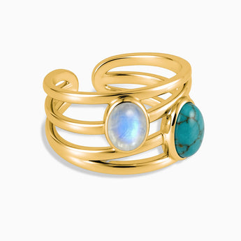18KT Yellow Gold Vermeil Oval Turquoise & Moonstone Ring - Echo of Balance Front View