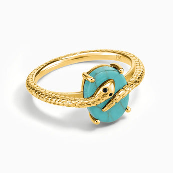 18KT Yellow Gold Vermeil Oval Turquoise Wrap Serpent Ring - Coiled Sanctum Front View