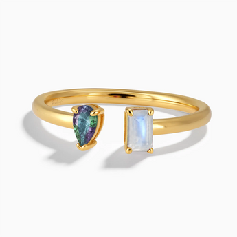 18KT Yellow Gold Vermeil Pear Alexandrite Emerald Cut Moonstone Toi et Moi Open Ring - Two Souls Front View