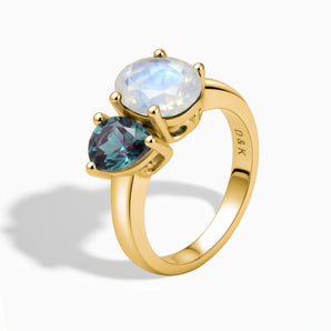 18KT Yellow Gold Vermeil Pear Alexandrite & Oval Moonstone Toi et Moi Ring - Twin Reverie Side View