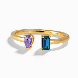 18KT Yellow Gold Vermeil Pear Amethyst Emerald Cut London Blue Topaz Toi et Moi Open Ring - Two Souls Front View
