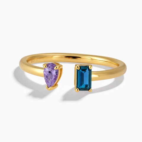 18KT Yellow Gold Vermeil Pear Amethyst Emerald Cut London Blue Topaz Toi et Moi Open Ring - Two Souls Front View