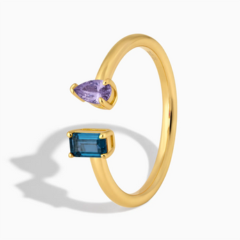 18KT Yellow Gold Vermeil Pear Amethyst Emerald Cut London Blue Topaz Toi et Moi Open Ring - Two Souls Side View