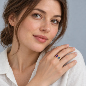 18KT Yellow Gold Vermeil Pear Amethyst Emerald Cut London Blue Topaz Toi et Moi Open Ring - Two Souls Worn View