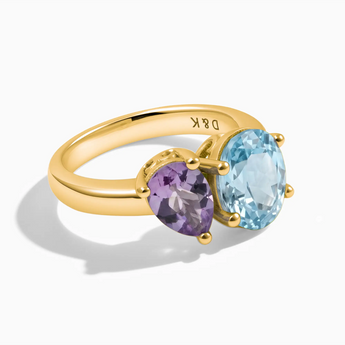 18KT Yellow Gold Vermeil Pear Amethyst & Oval Aquamarine Toi et Moi Ring - Twin Reverie Front View