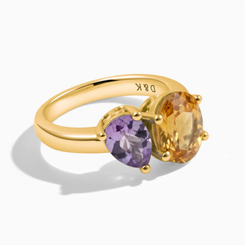 18KT Yellow Gold Vermeil Pear Amethyst & Oval Citrine Toi et Moi Ring - Twin Reverie Front View