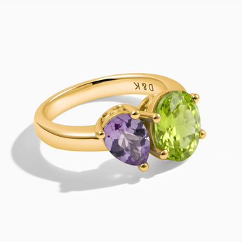 18KT Yellow Gold Vermeil Pear Amethyst & Oval Peridot Toi et Moi Ring - Twin Reverie Front View