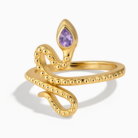 18KT Yellow Gold Vermeil Pear Amethyst Serpent Ring - Mystic Coil Front View