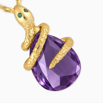 18KT Yellow Gold Vermeil Pear Amethyst Serpent Wrap Necklace Wild Oath Detail View