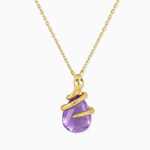 18KT Yellow Gold Vermeil Pear Amethyst Serpent Wrap Necklace Wild Oath Front View