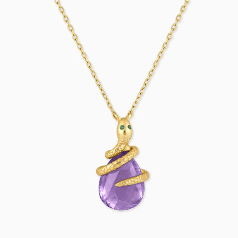 18KT Yellow Gold Vermeil Pear Amethyst Serpent Wrap Necklace Wild Oath Front View