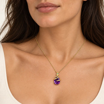 18KT Yellow Gold Vermeil Pear Amethyst Serpent Wrap Necklace Wild Oath Model Shot Close Up