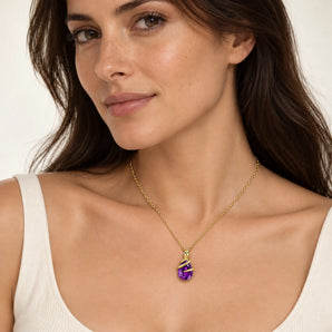 18KT Yellow Gold Vermeil Pear Amethyst Serpent Wrap Necklace Wild Oath Model Shot